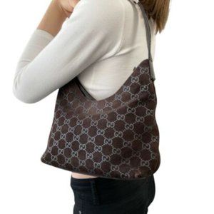 GUCCI Vintage Gg Monogram Handbag Shoulder Bag Dark Brown Suede